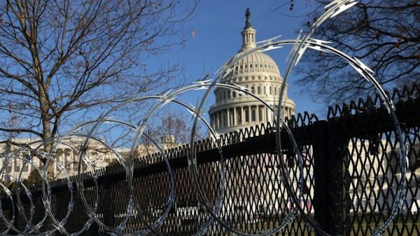 Razor wire fence around Capitol building.